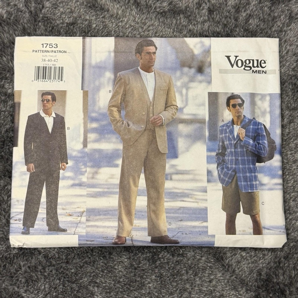 Vogue #1753 Mens 3 Piece Suit Pattern Jacket Vest Shorts Pants Sz 38-40-42 UNCUT